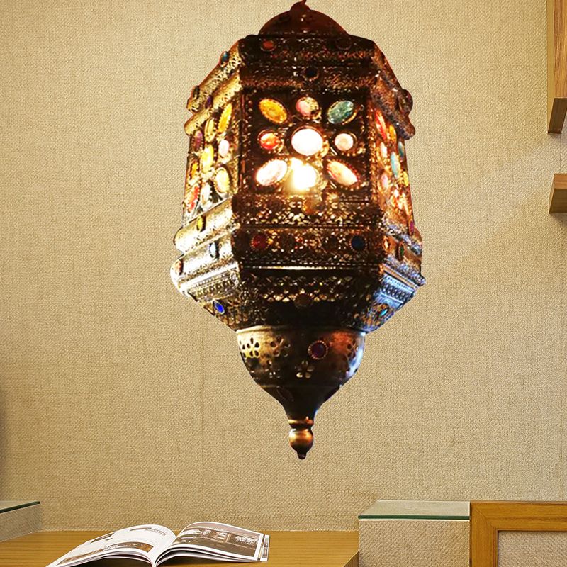 Bronze 1 Light Hanging Pendant Bohemian Metal Lantern Ceiling Light for Restaurant