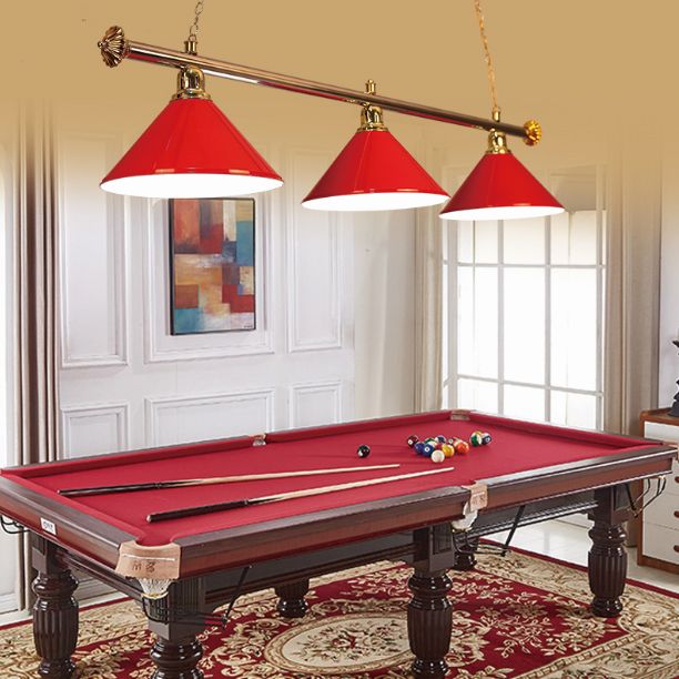 Conical Metallic Billiard Light Factory 3-Head Indoor Island Lighting Fixture in Black/Red/Blue