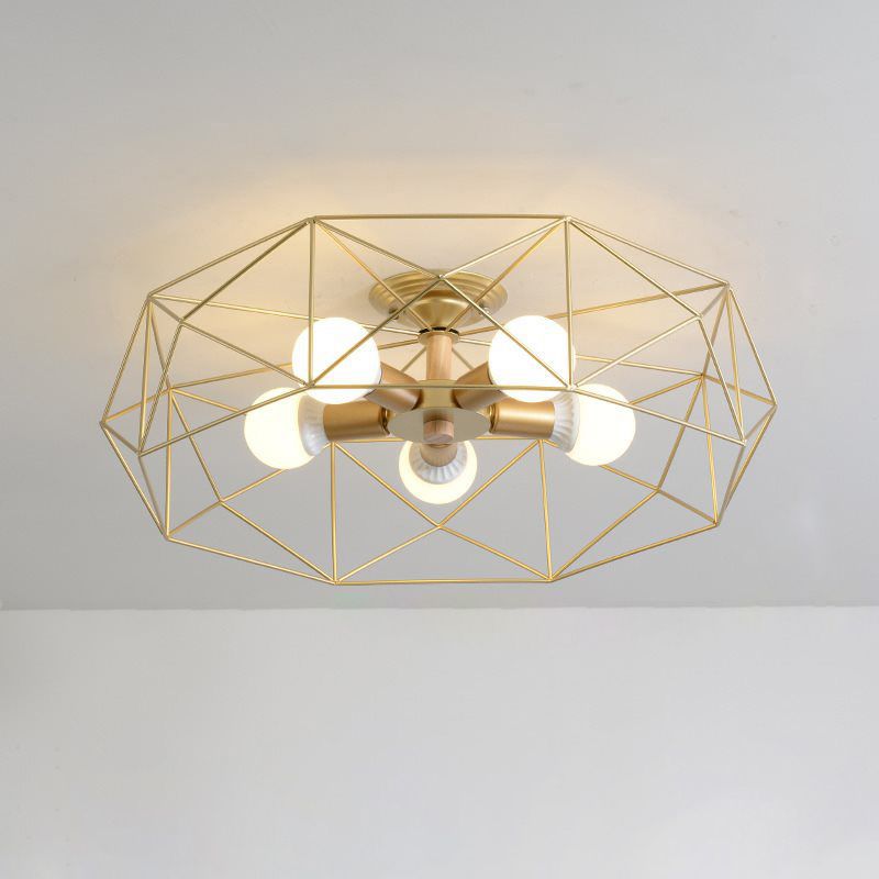 Geometric Opal Glass Semi Flush Industrial 3/4/5 Lights Bedroom Light Fixture in Gold