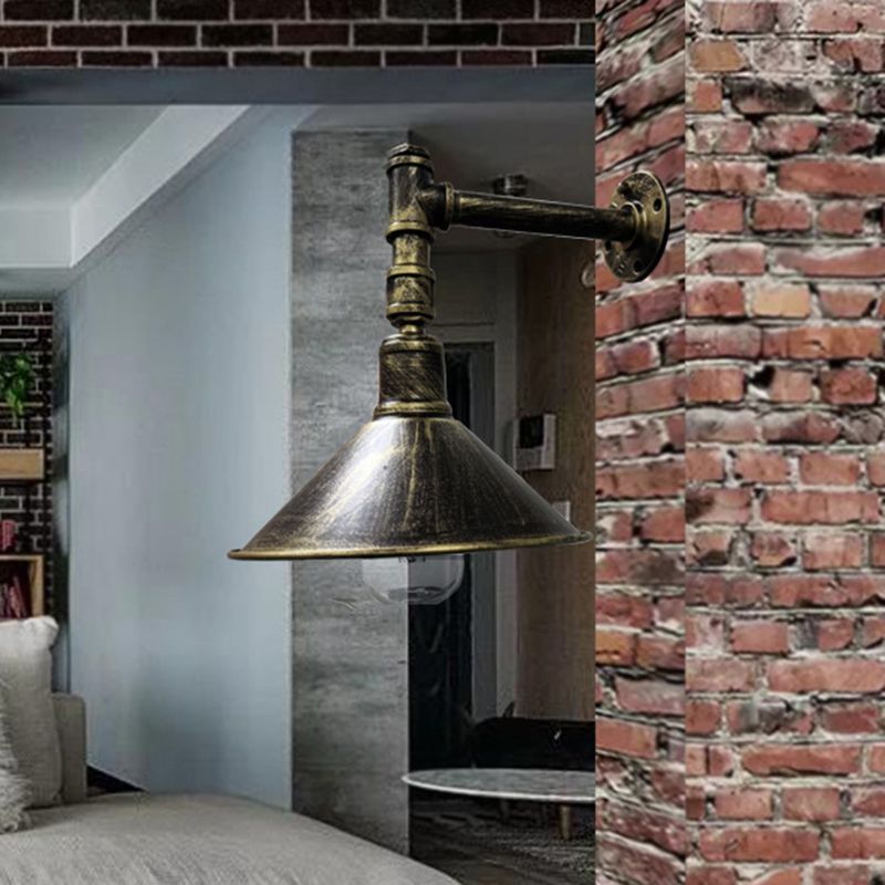 1-Light Sconce Lighting Rustic Conical Metallic Wall Mounted Lamp in Antique Brass with Right Angle Pipe Arm