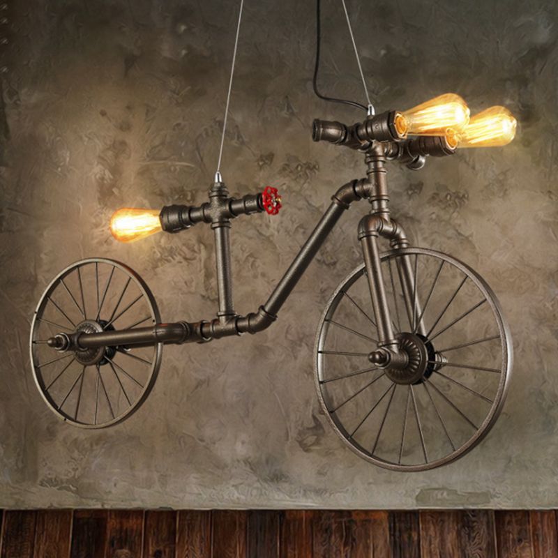Lampada a sospensione a sospensione a forma di bici a forma di bici decorativo in metallo a 3 luci in bronzo