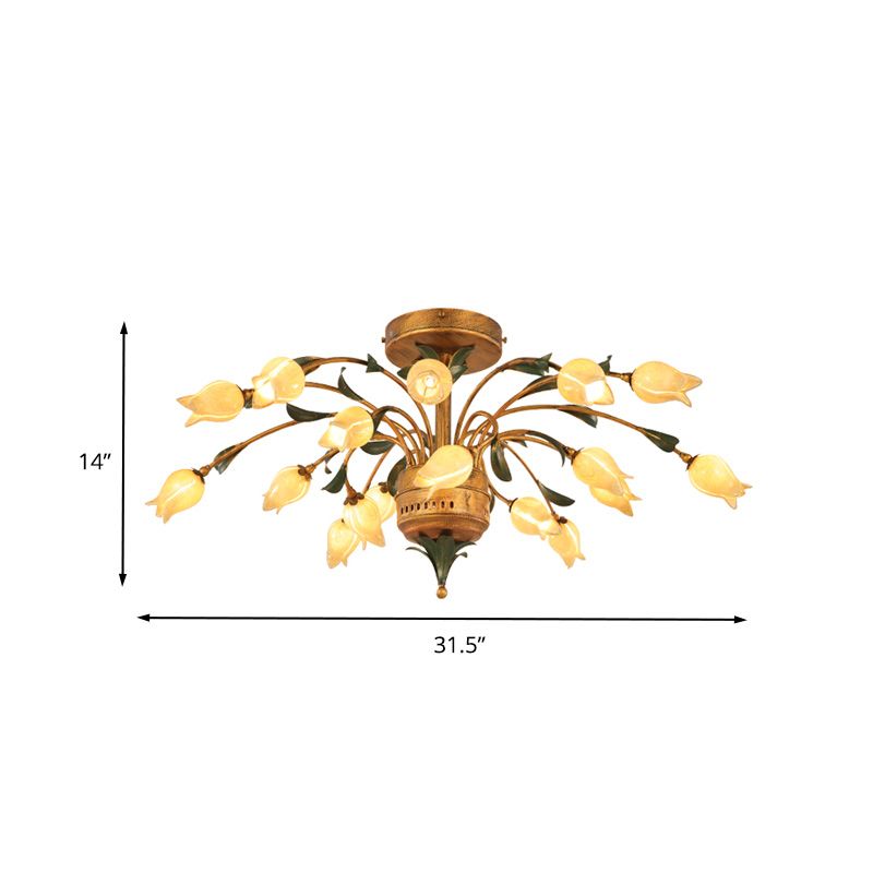 Tulip Living Room Ceiling Lamp Pastoral Style Metal 18 Bulbs Brass LED Semi Flush Mount Lighting