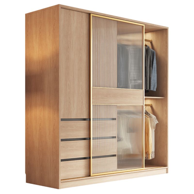 Contemporary Glass Sliding Doors Wardrobe Natural Wood Wardrobe with Drawers