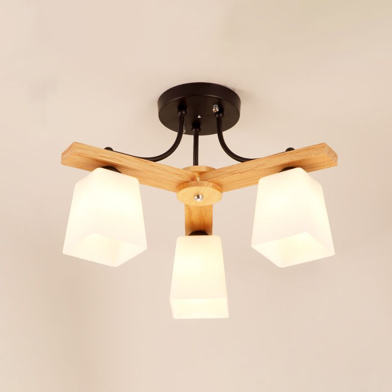 3/6/8 Lights Living Room Semi Flush Nordic Black and Wood Flush Mount Ceiling Chandelier with Square Milk Glass Shade