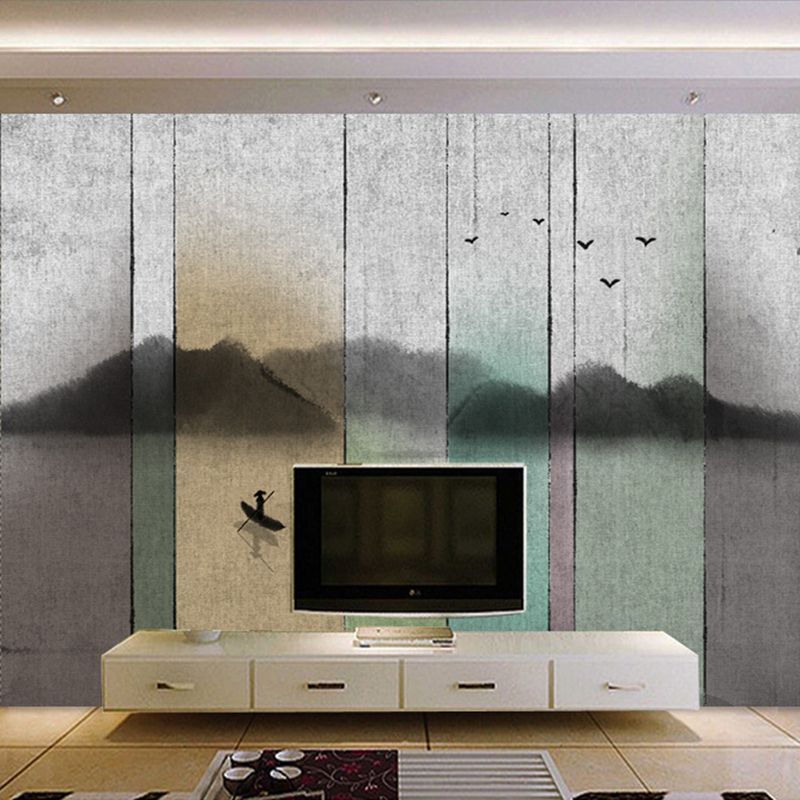 Non-Woven Waterproof Mural Chinese Fisher Man on Lake Ombre Painting Wall Art in Green-Yellow