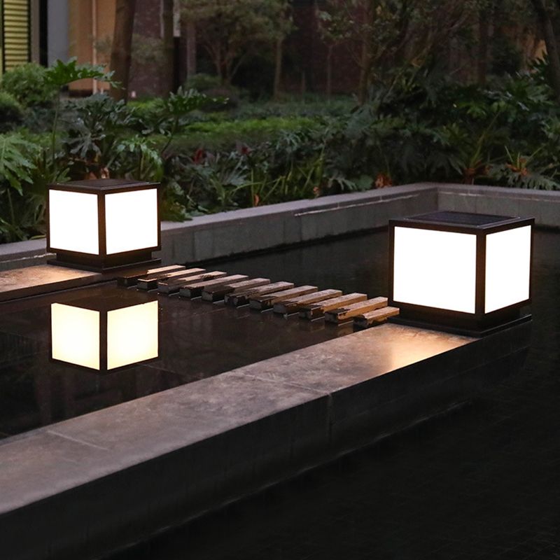 Square Shape Metal Solar Pillar Lamp Modern 1 Light Outdoor Waterproof Light in Black