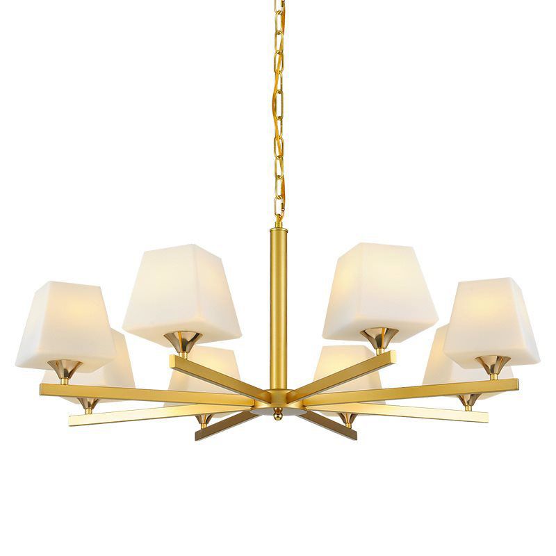 Frosted Glass Brass Pendant Lamp Tapered 8 Light Traditional Chandelier Light Fixture with Sunburst Design