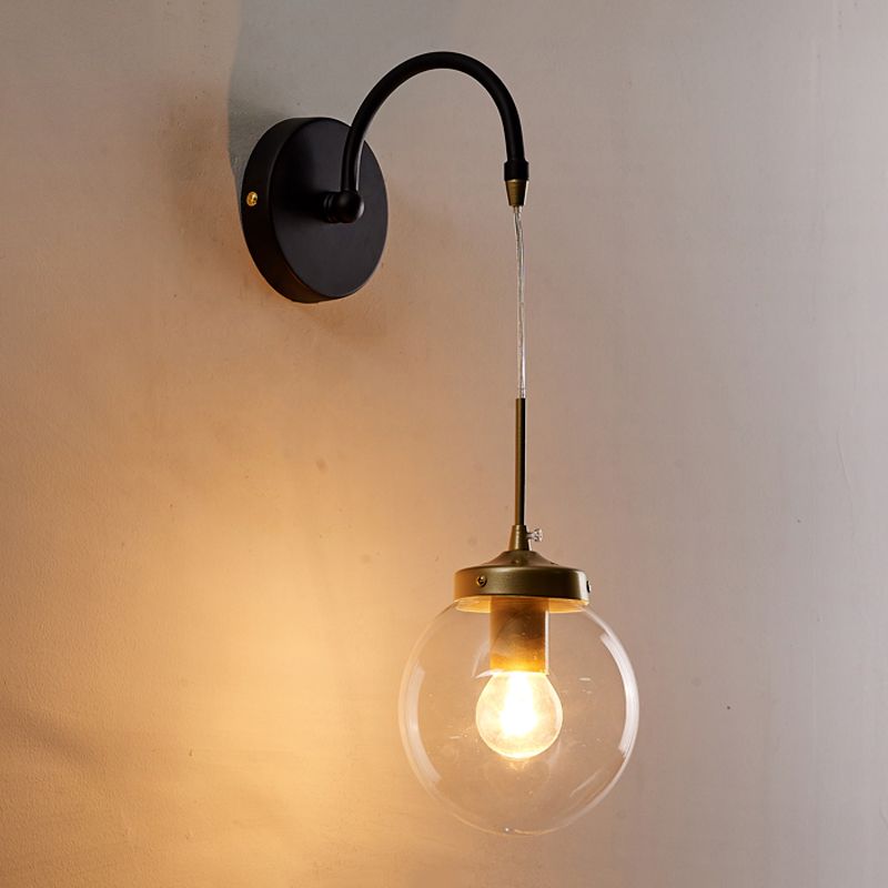 1-Light Clear Glass Wall Sconce Traditional Black Globe Shade Dining Room Sconce Light with Arched Arm