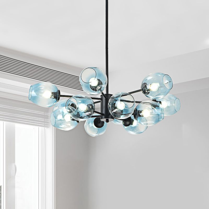 Cup hanger kroonluchter eigentijds blauw glas 12 koppen woonkamer hangend plafondlicht