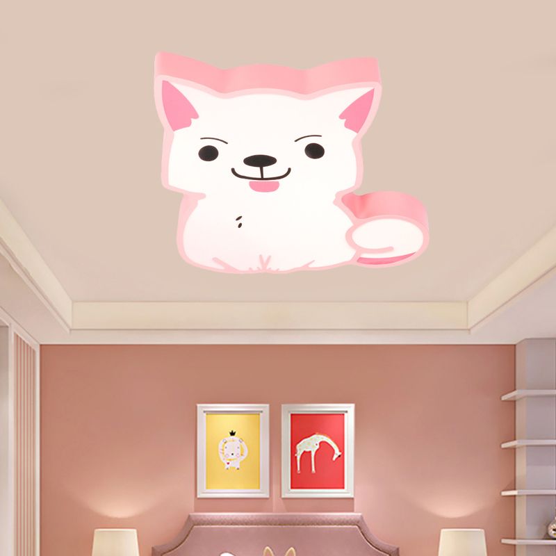LED Kindergarten Flush Mount Pendant Light Cartoon Style Yellow/Pink Ceiling Mounted Fixture with Cat Acrylic Shade in Warm/White Light