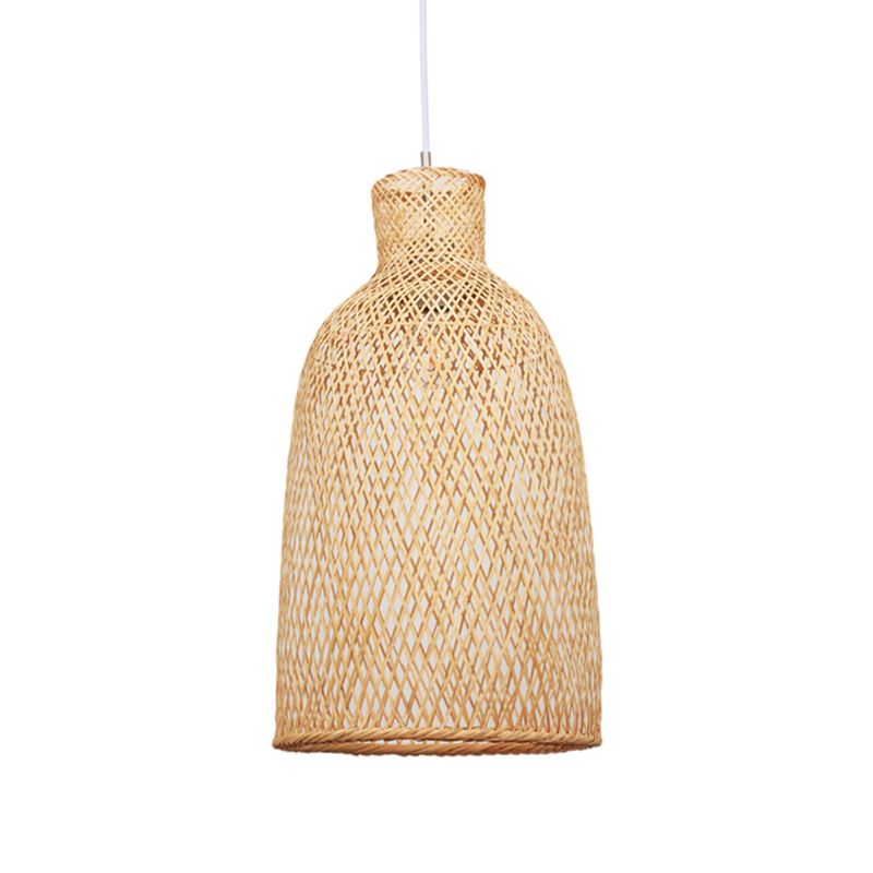 Khaki Trumpet Pendant Lamp Japanese 1 Bulb Bamboo Hanging Light Fixture over Dining Table
