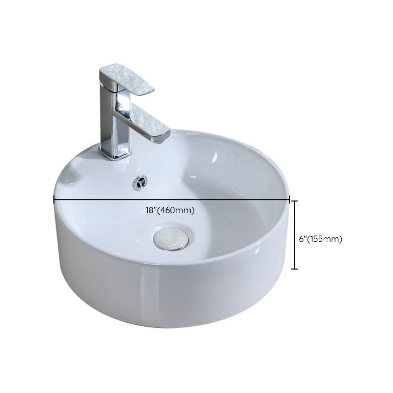 Modern Bathroom Sink Porcelain Round with Overflow and Pop-Up Drain Vessel Lavatory Sink