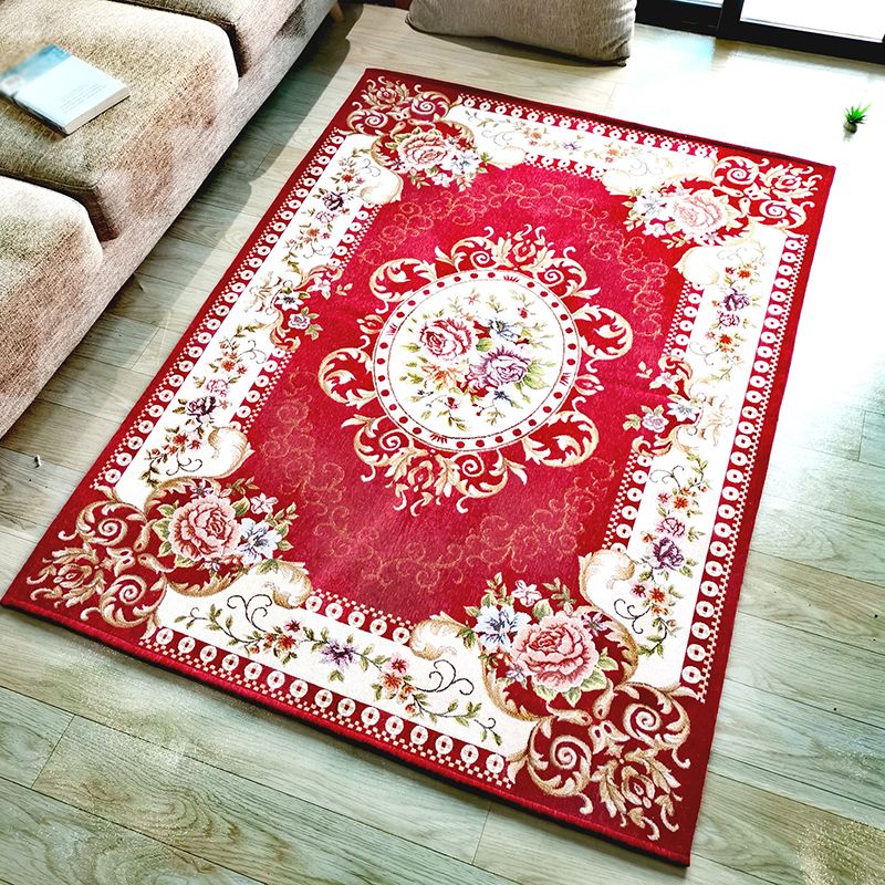 Brown Vintage Rug Polyester Flowers Area Rug Non-Slip Backing Indoor Rug for Living Room