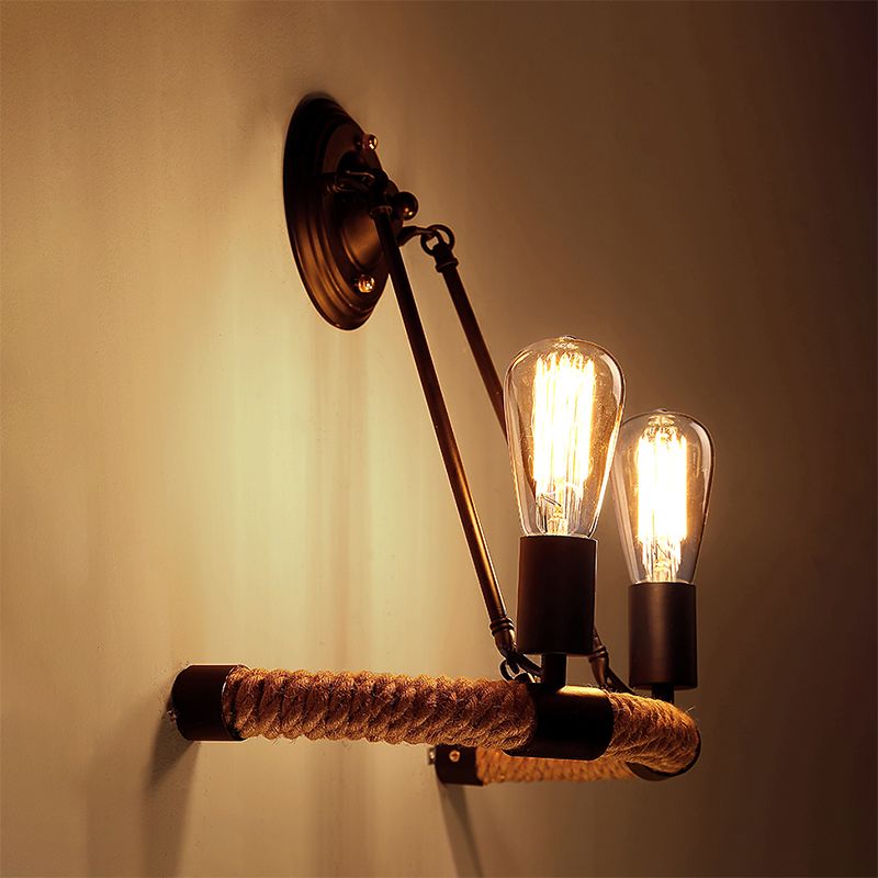 Roped Half-Ring Wall Lighting Vintage Style 2 Lights Living Room Wall Lamp with Bare Bulb in Black