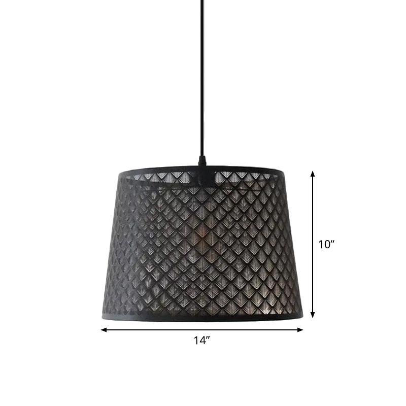 Black 1 Head Hanging Pendant Rustic Metal Wire Cage/Etched Tree Patterned Drum Shade Drop Lamp for Dining Room