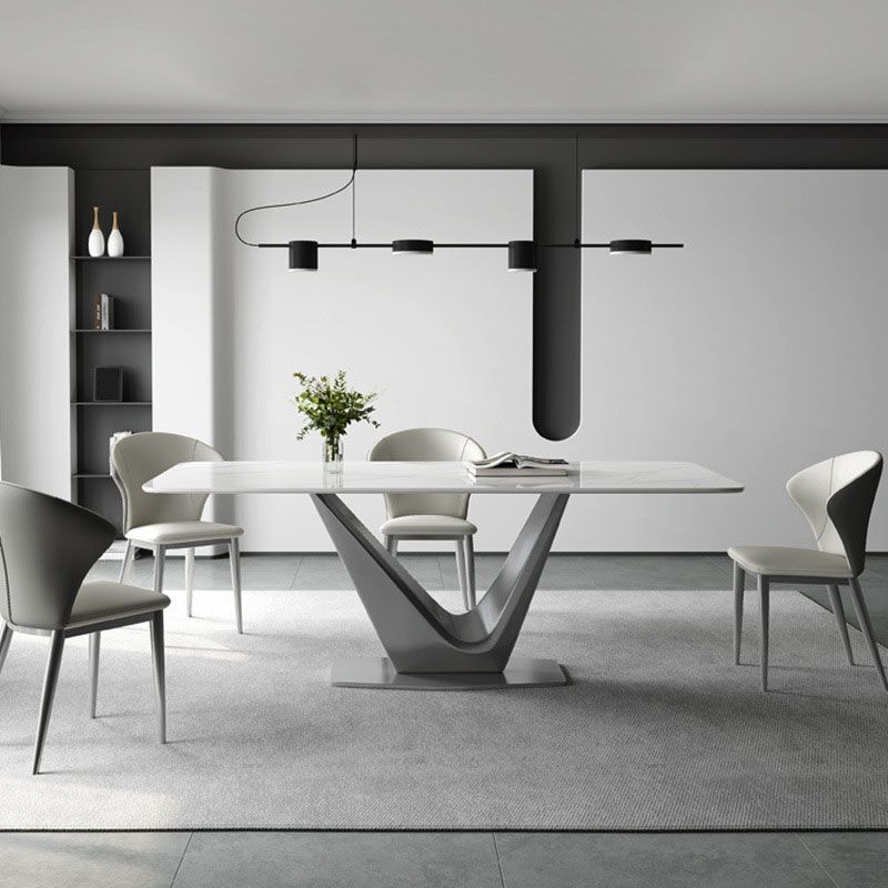 Grey Metal Pedestal Base Table Rectangle Sintered Stone Top Dining Table
