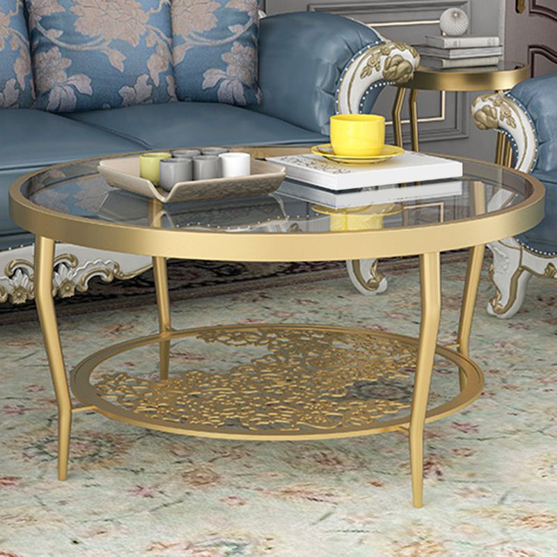 Contemporary Round Glass Top Coffee Table with Iron 4 Legs and Shelf