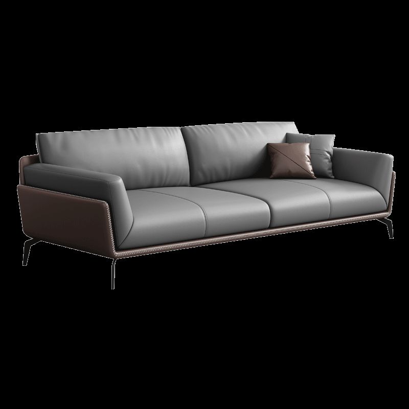 Modern Style Gray Leather Sofa Flared Arm Loose Back Sofa with Pillows