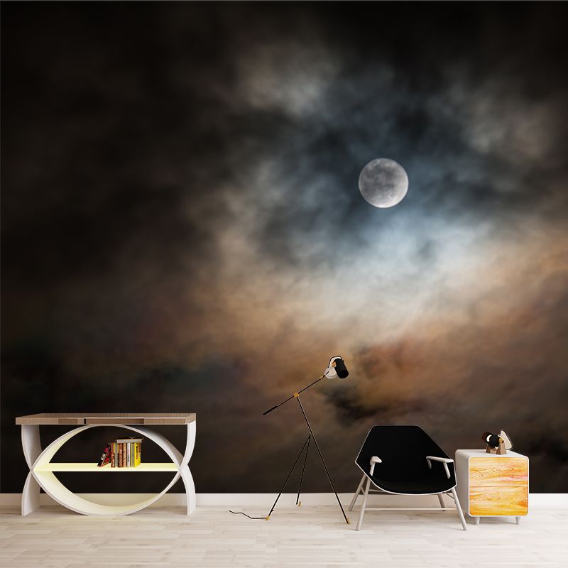 Full Moon Behind Clouds Mural Black-Yellow Modern Style Wall Art for Living Room