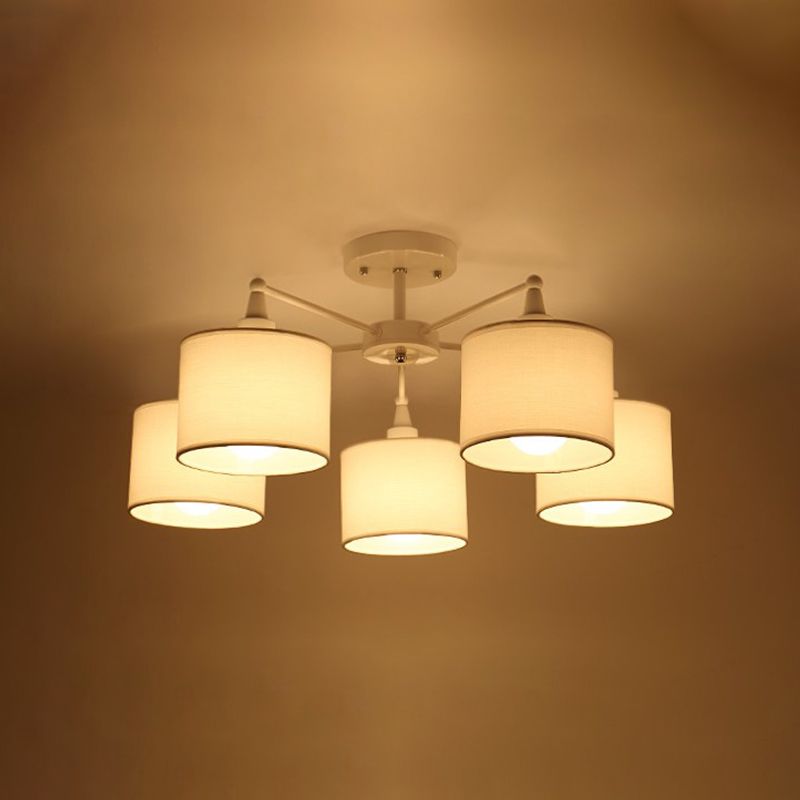 Korte cilinder semi -spoelmount lamp Noordse stof 5 lampen slaapkamer plafondbevestiging kroonluchter in wit