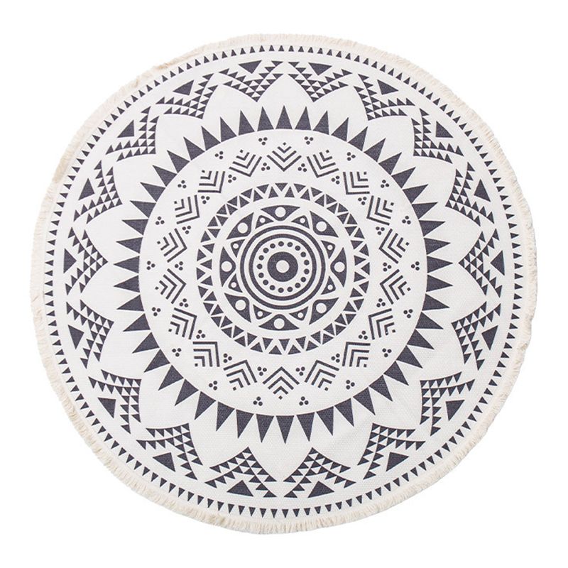 Simple Area Rug Tribal Print Round Carpet Washable Cotton Blend Rug with Fringe