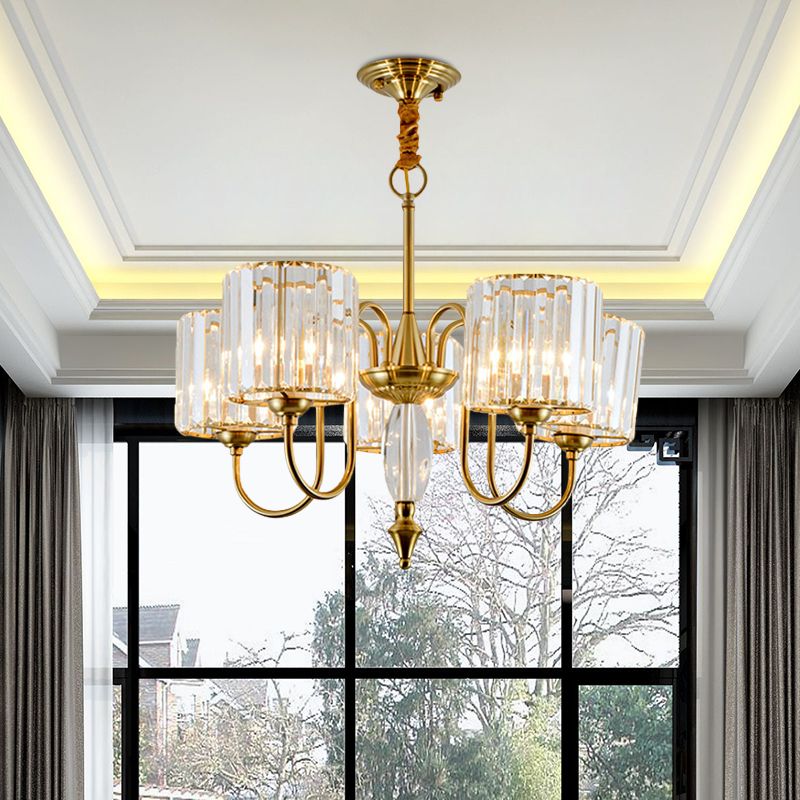 5 Lampen -Pendellicht mit Drum Shade Crystal Block Modernismus Esszimmer Deckenkraut in Gold