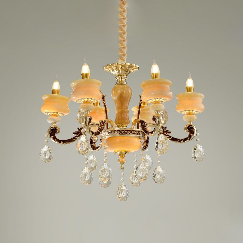 Gold Candlestick Hanging Chandelier Vintage Jade 6/8 Bulbs Bedroom Pendant Light with Crystal Drop