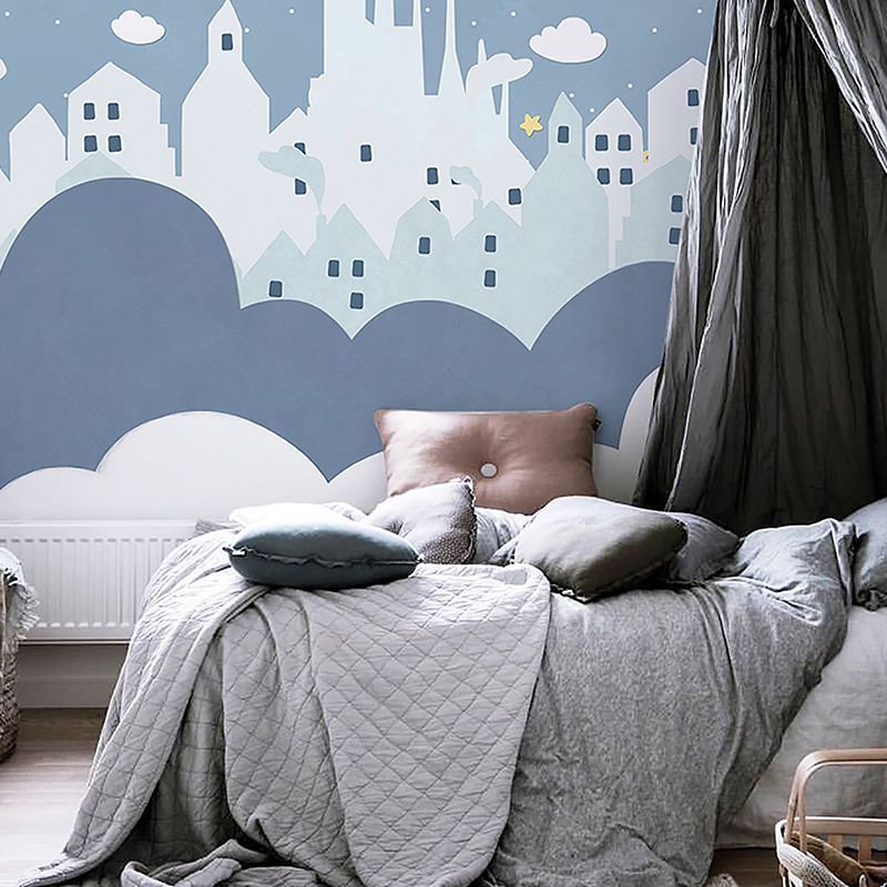 Star and Cloud Mural Wallpaper in Pastel Blue, Scandinavian Wall Decor for Boy or Girl