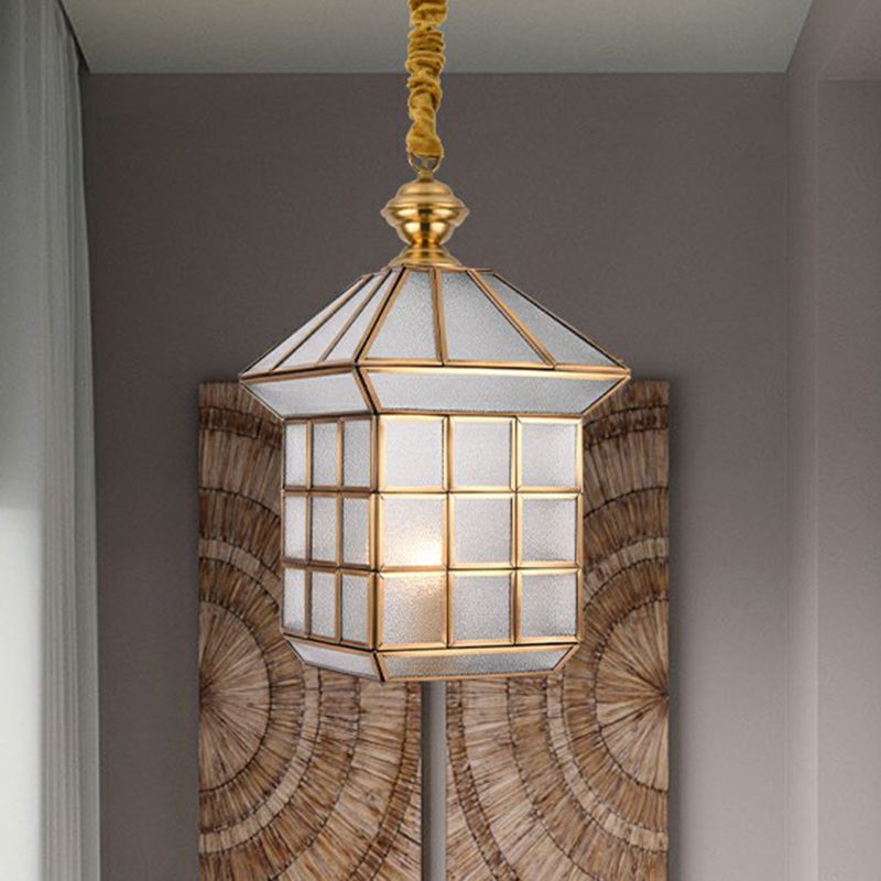 Huisvormige gang hanglamp vintage glas 1 bol messing hangende lamp