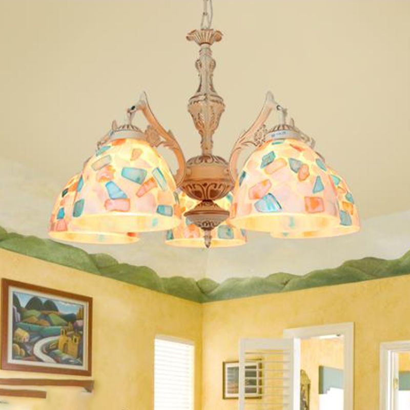 3/5 lumières Plafond lustre Tiffany Mosaic Shell Suspension Suspension en blanc pour chambre, haut / bas