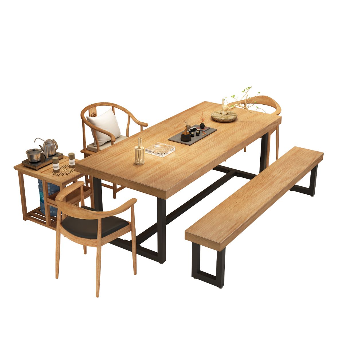 Metal Industrial Rectangle Dining Table Wood Top Table with Trestle Base