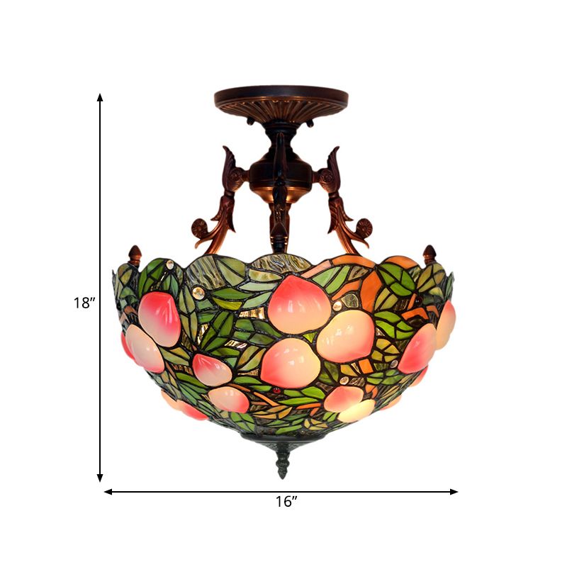 Lampada semifulina vittoriana a cupola a filotto a 3 teste in vetro verde/rosa vetrate/lampada a soffitto a soffitto a motivi per la camera da letto per camera da letto