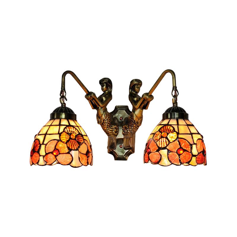 Pink Floral Wall Mounted Light Victorian 2 Lights Shell Sconce Light Fixture with Mermaid Decoration