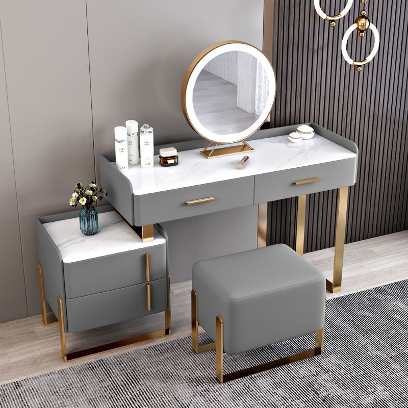 Stone Top Make-up Vanity Gray Solid Wood Vanity Dressing Table Set with 4 Drawers