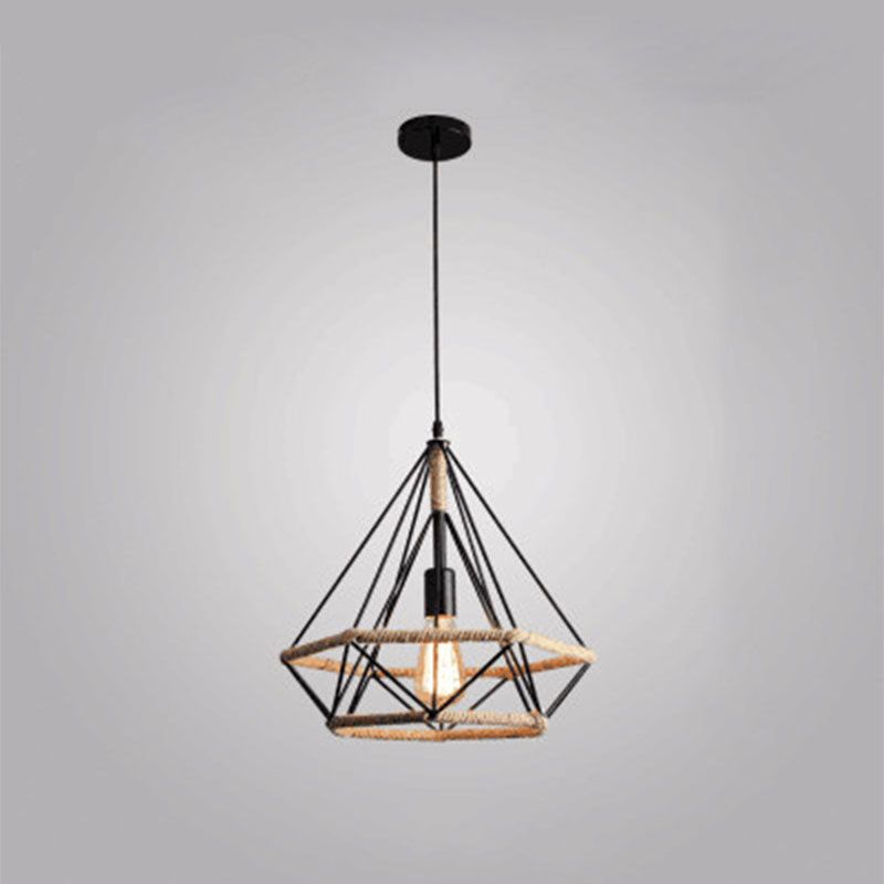 Geometric Rope Pendant Light Fixture Retro-Style Restaurant Pendant Ceiling Light in Beige