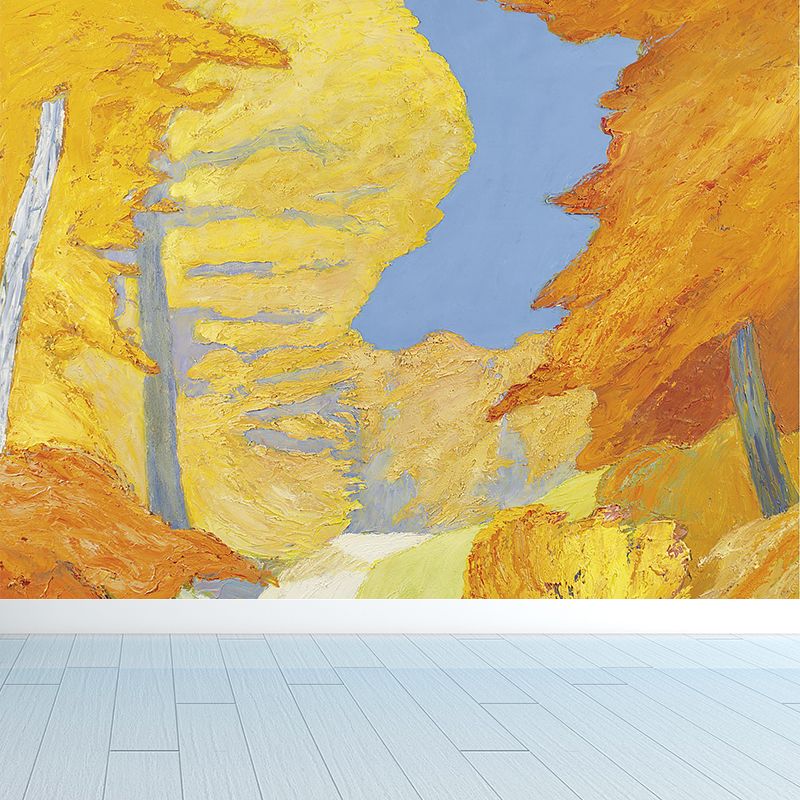Fall Forest and Path Mural Modern Art Non-Woven Material Wall Covering in Yellow