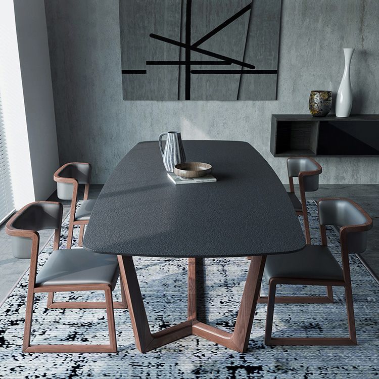 Modern Rectangle Stone Dining Table Ash Wood Base for Kitchen
