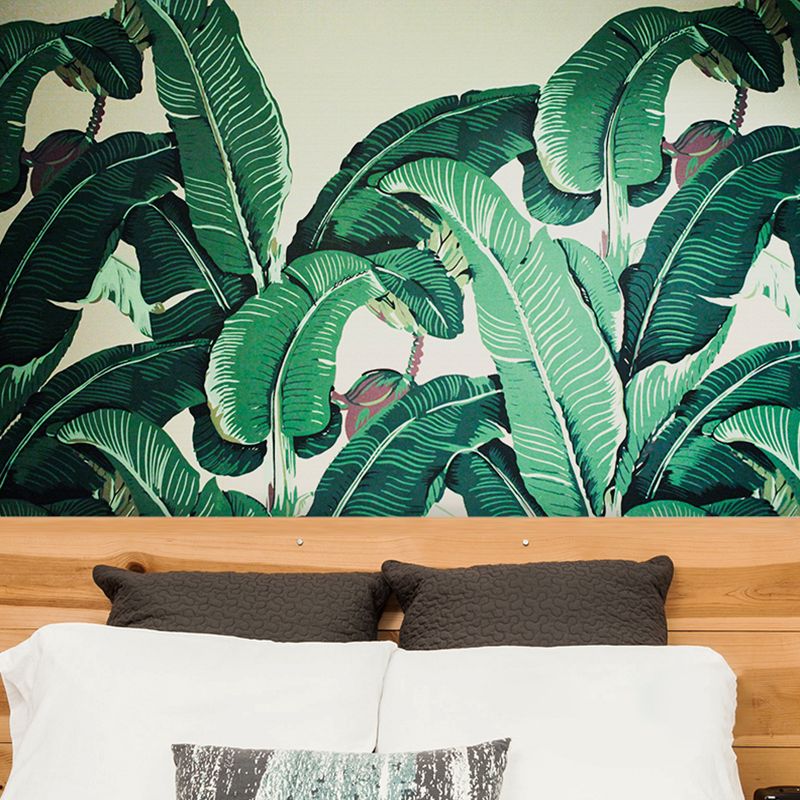 Illustration Style Banana Leaves Mural Extra Large Wall Art for Thai Restaurant, Made to Measure