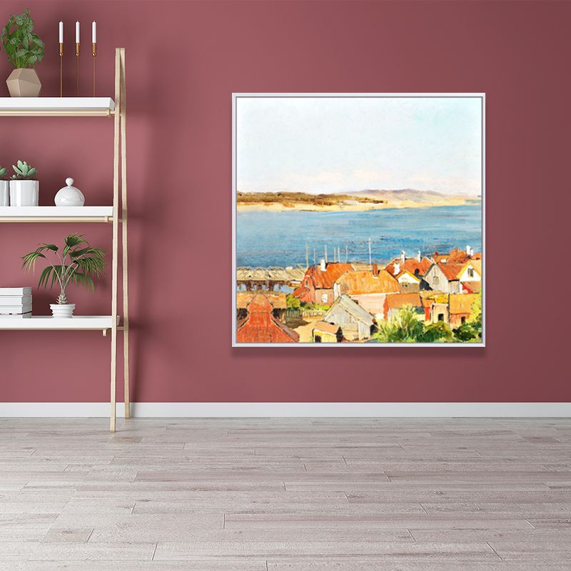Oil Painting Rustic Canvas Wall Art with Houses on the River Scenery, Yellow-Orange
