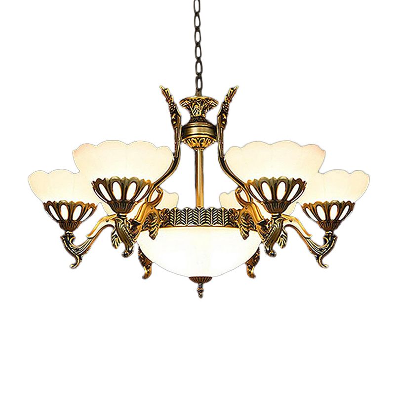 Geschulpte woonkamer plafond hanger Traditioneel wit glas 9-head koper afwerking kroonluchter