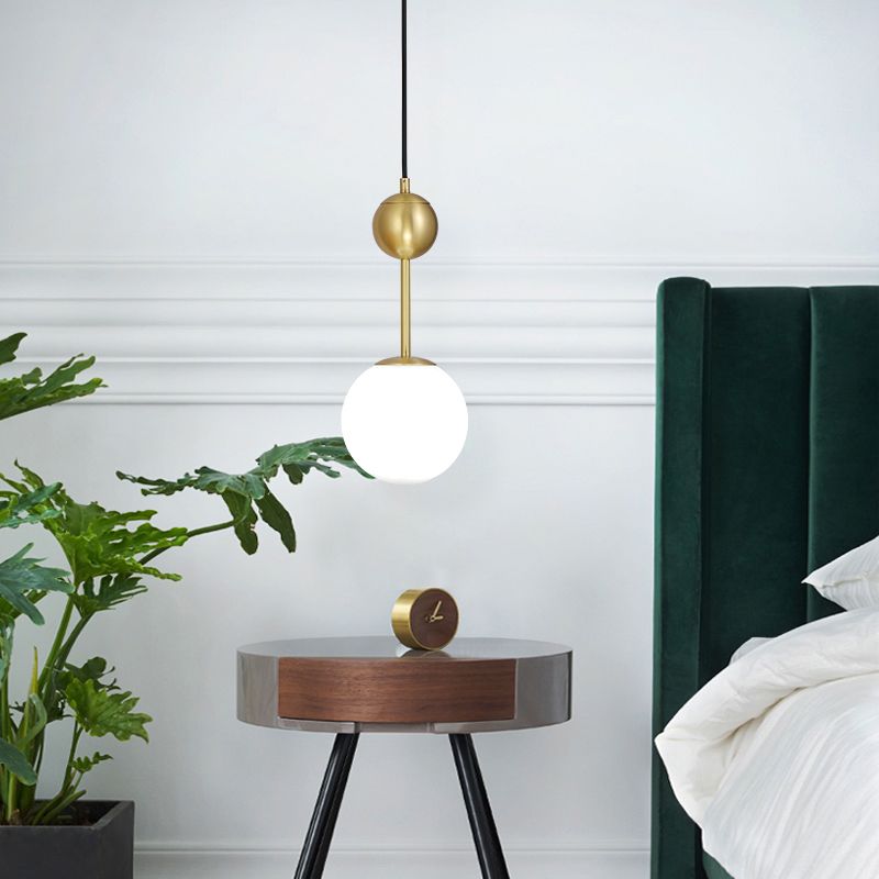 Ball Bedside Hanging Light Opaline Glass 1-Light Minimalist Suspension Pendant in Brass