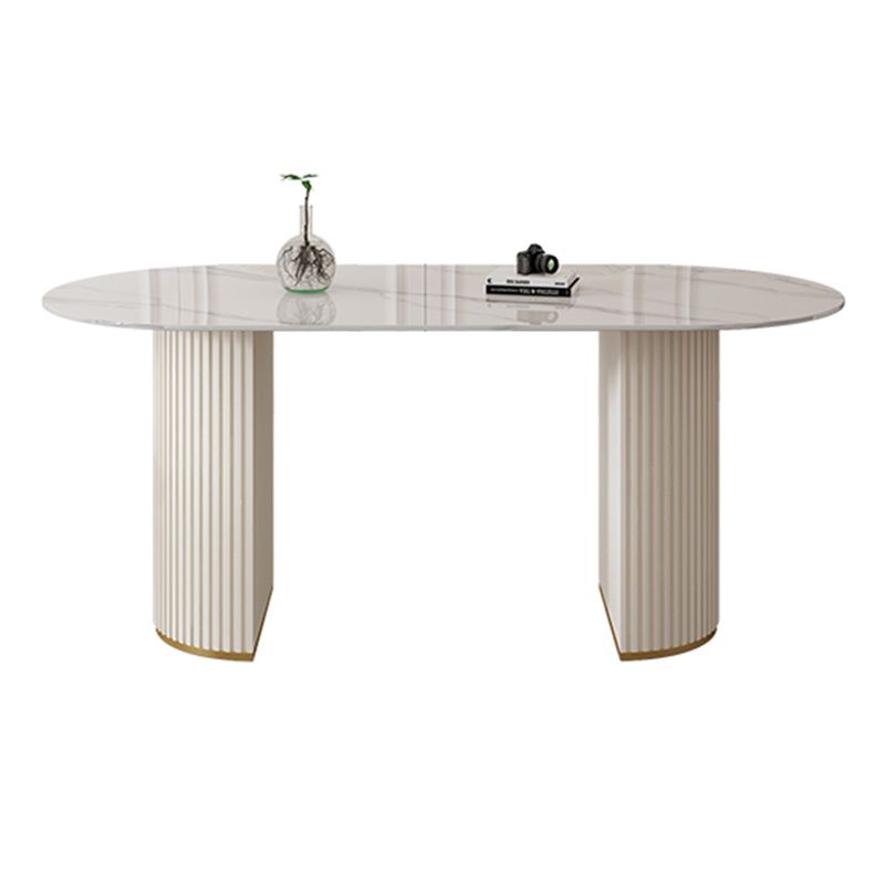Oval Sintered Stone Dining Table Modern Table in White with Metal Double Pedestal