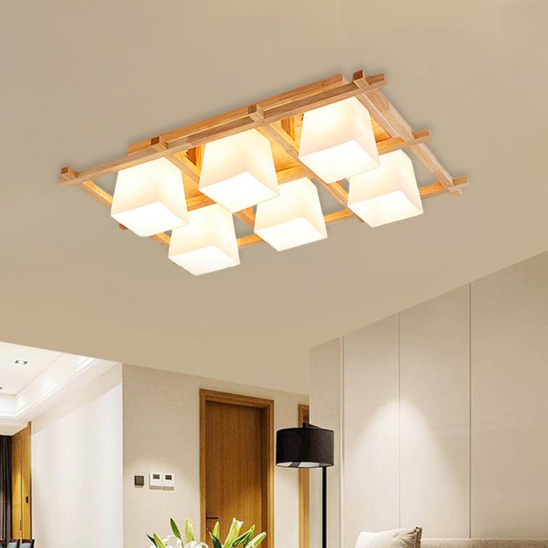Wooden Checkerboard Shape Flush Mount Light Study Room Japanese Style Ceiling Light in Beige