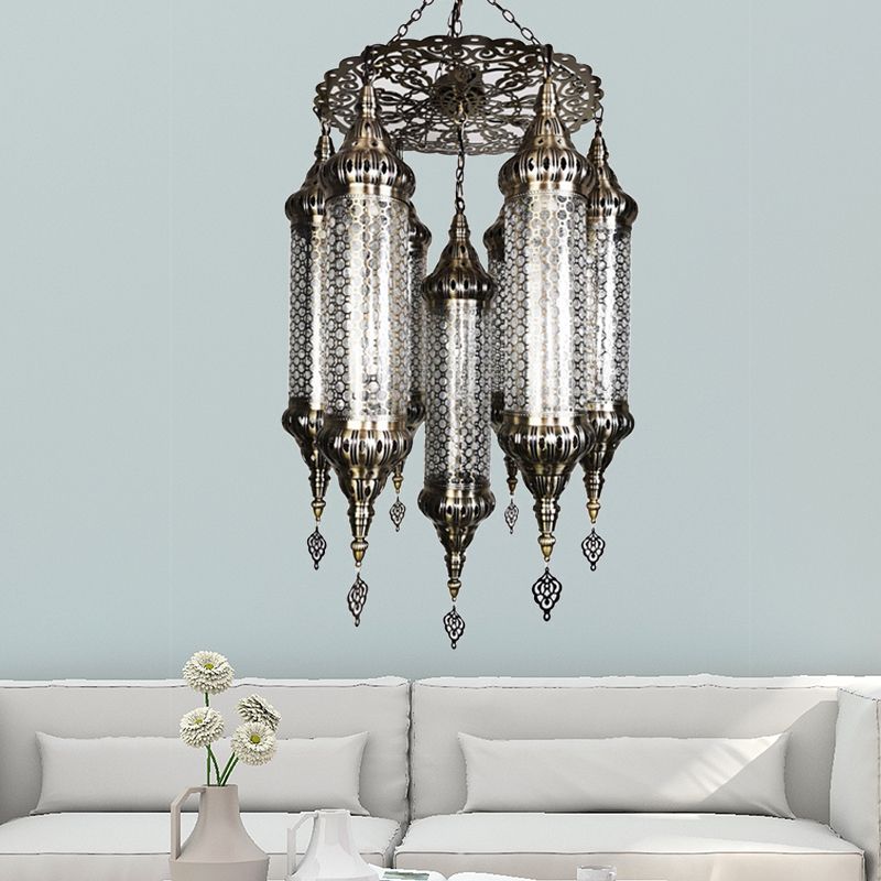 Arab Cylinder Hanging Lamp 7 Heads Clear Crackle Glass Chandelier Lighting Fixture in Bronze