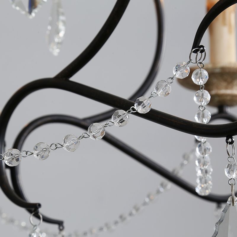 5 Bulbs Candle Hanging Lamp Countryside Distressed White Iron Chandelier Lighting with Wood Beads