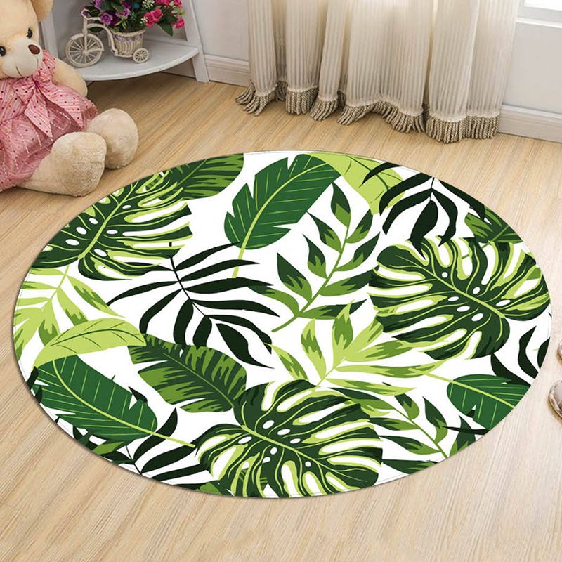Green Leaves Pattern Rug Modern Fresh Round Carpet Flannel Non-Slip Backing Rug for Living Room