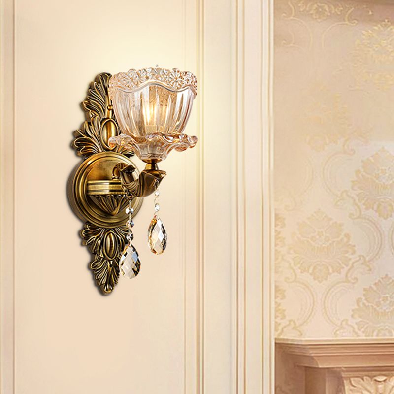 Modern Floral Shape Sconce Light Amber Glass 1/2 Heads Living Room Wall Mount Light with Teardrop Crystal Drop in Brass