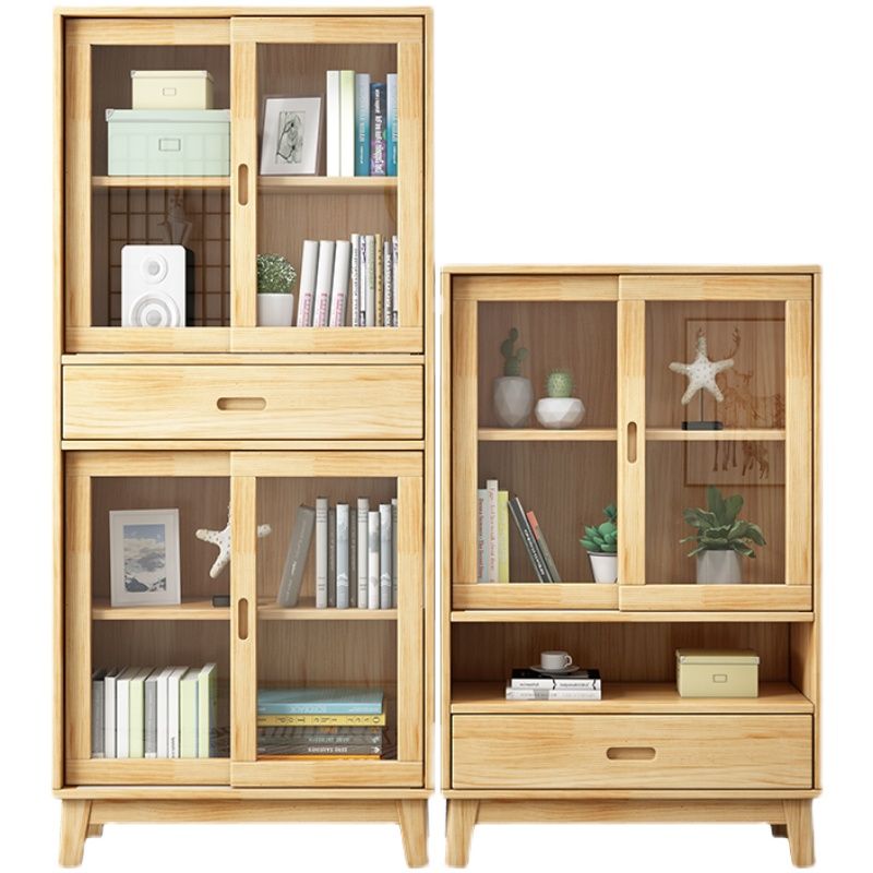 Contemporary Cabinet Natural Finish Side Cabinet with Glass Paned