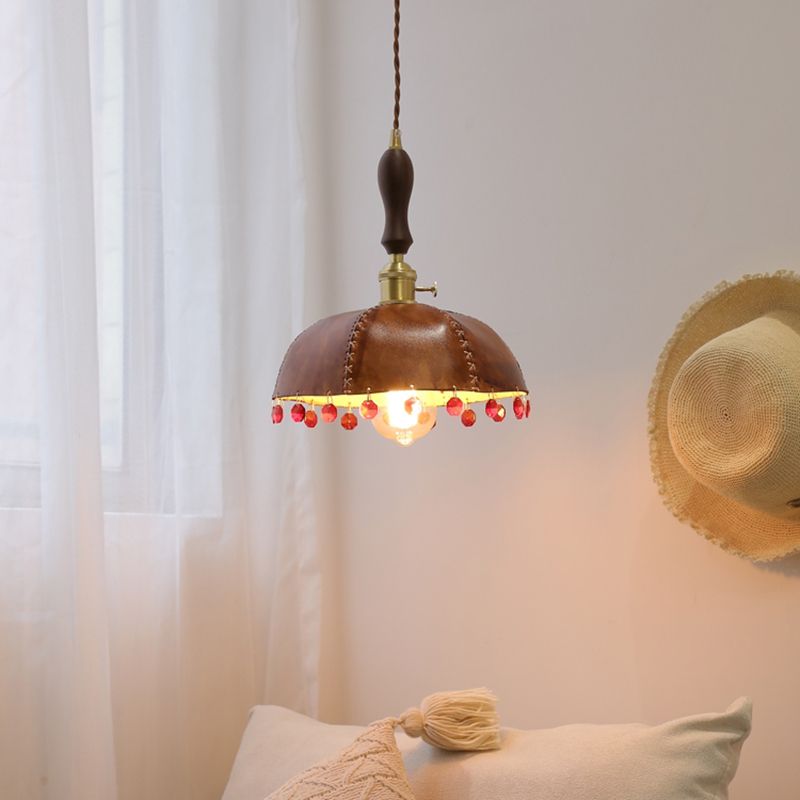 Leather Bowl Shape Hanging Lights Modern Style 1 Head Hanging Mount Fixture with Crystal