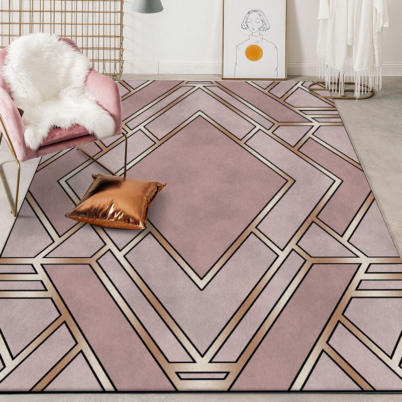Nordic Geometric Print Rug Pink Polyester Rug Machine Washable Non-Slip Backing Area Rug for Bedroom